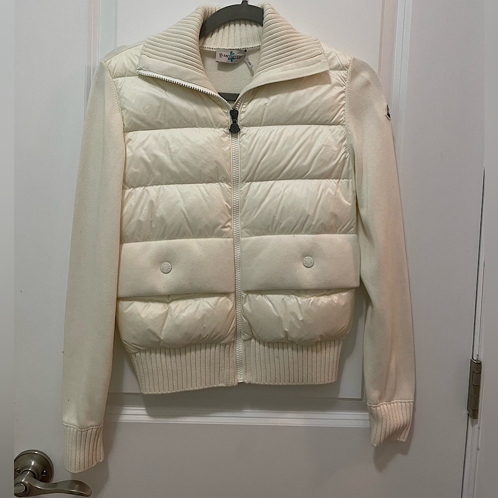 Moncler Youth White Jacket with Knitted sleeves and collar